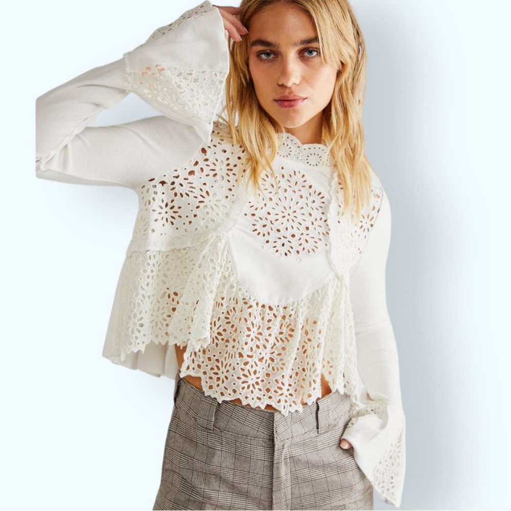 New Free People Brittany Eyelet Lace S & Lg Off White Mock Neck Bell Sleeve Boho
